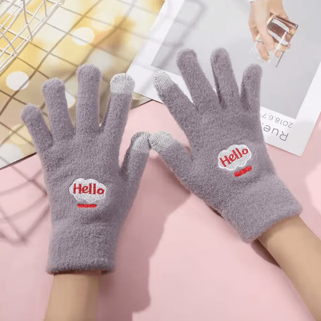 SnuggleBear Kawaii Touchscreen Gloves – Cute Embroidered Knit Winter Gloves for Women