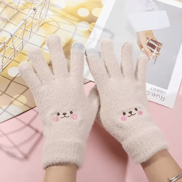 SnuggleBear Kawaii Touchscreen Gloves – Cute Embroidered Knit Winter Gloves for Women
