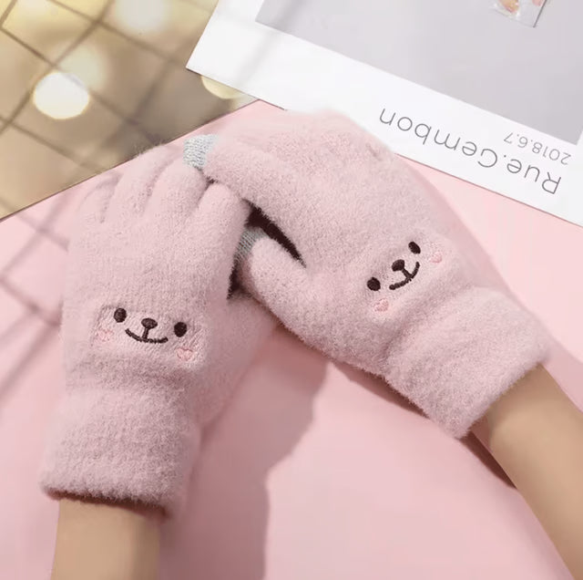 SnuggleBear Kawaii Touchscreen Gloves – Cute Embroidered Knit Winter Gloves for Women