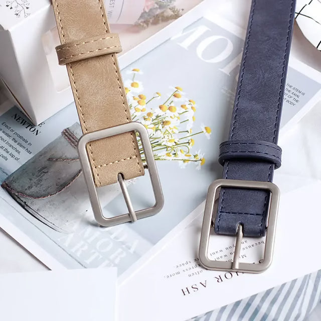 Silver Buckle Leather Belts for Jeans, Fashion Square Pin Buckles Belts Women, Waistbands Student Strap
