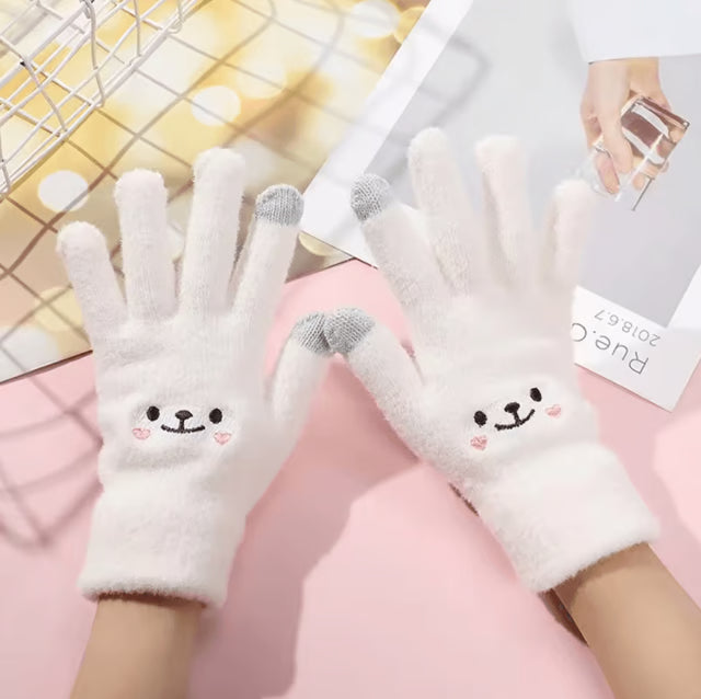 SnuggleBear Kawaii Touchscreen Gloves – Cute Embroidered Knit Winter Gloves for Women